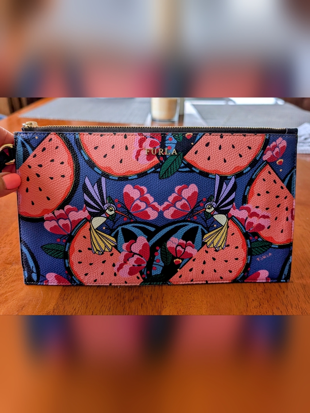 Furla Navy Floral & Watermelon Print Zip Clutch, Like New No Tags